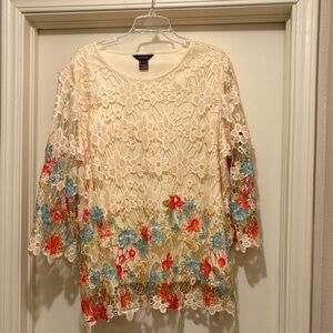 Multiples Cream Lace Top with Floral Accents